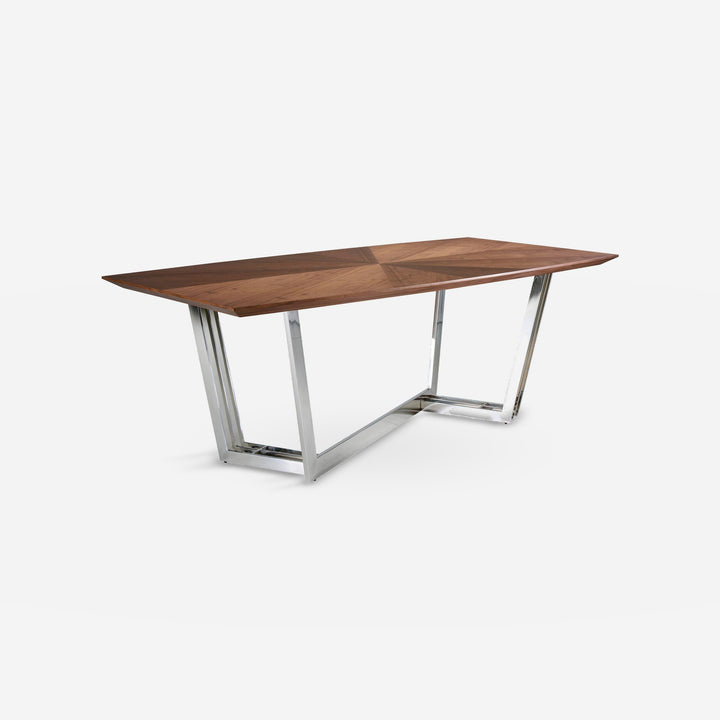 Mesa comedor ovalada barril nogal y acero cromado sobre fondo gris de estudio