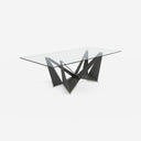 Mesa comedor rectangular cristal templado y acero negro sobre fondo gris de estudio