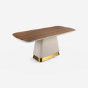 Mesa comedor rectangular nogal y madera beige sobre fondo gris de estudio