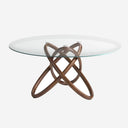 Mesa comedor redonda cristal templado y nogal, foto de producto sobre fondo gris de estudio