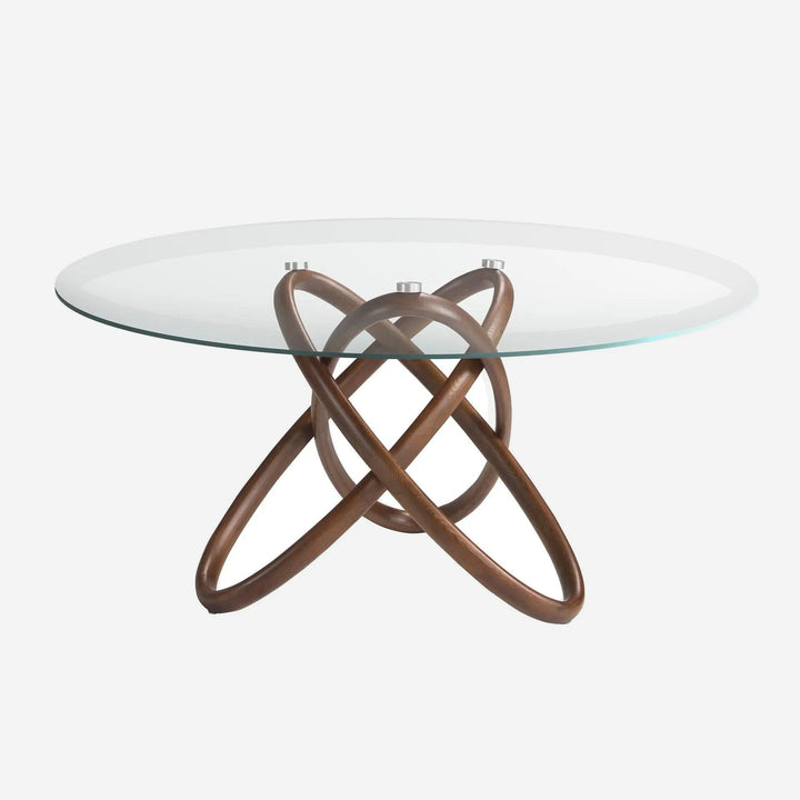 Mesa comedor redonda cristal templado y nogal, foto de producto sobre fondo gris de estudio