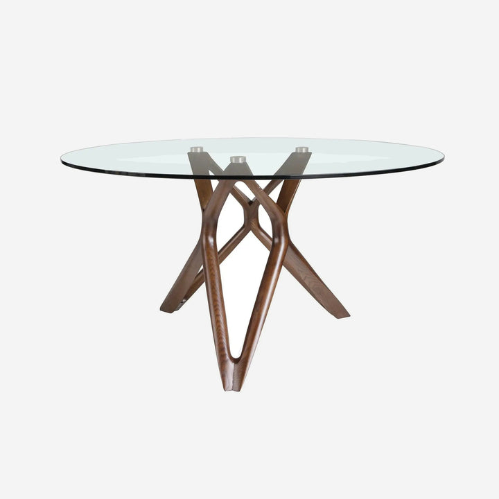 Mesa comedor redonda cristal templado y nogal, foto de producto sobre fondo gris de estudio