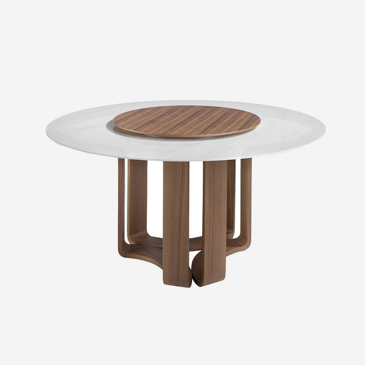 Mesa comedor redonda mármol porcelánico y nogal, foto de producto sobre fondo gris de estudio