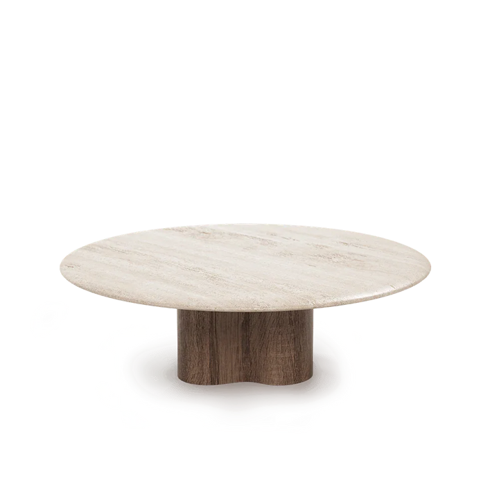 Mesa de centro Hara en nogal y mármol travertino en ambiente decorado (2)