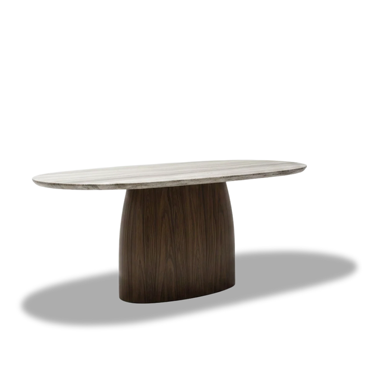 Mesa de comedor Kaia gris en nogal y mármol travertino en ambiente decorado (2)