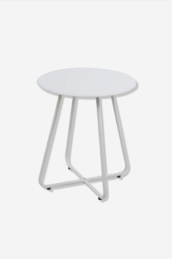 Mesa Lucca blanca Ø45 sobre fondo gris de estudio