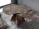 Uitschuifbare ovale tonvormige eettafel met porseleinen marmer en walnoot-look staal