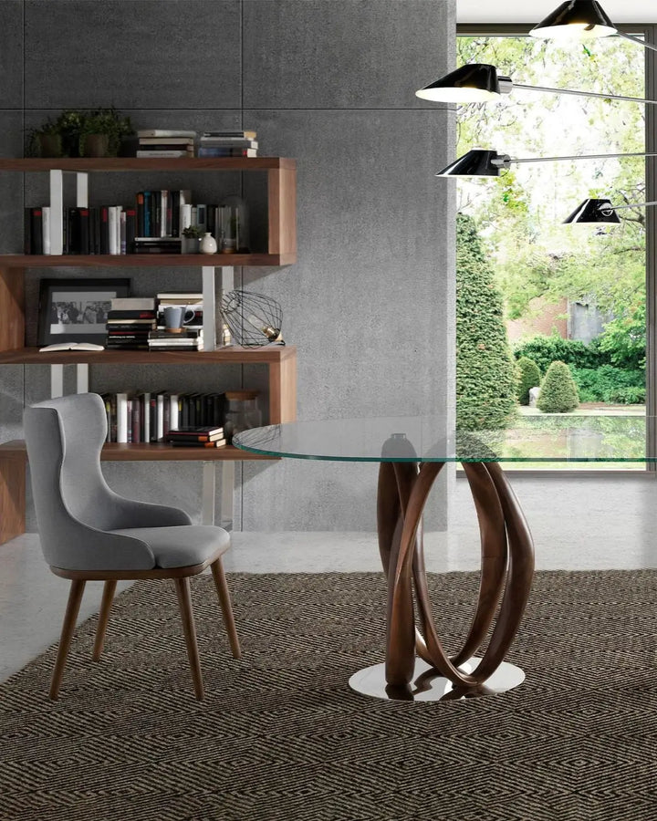 Mesa comedor ovalada medio punto cristal templado y nogal
