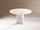 mesa de comedor de marmol redonda blanco y beige travertino