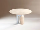 mesa de comedor de marmol redonda blanco y beige travertino