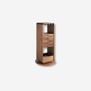 mueble bar giratorio en madera chapada tono nogal con compartimentos para botellas y copas