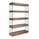 mueble de estantería con cinco niveles en nogal sostenidos por paneles de vidrio templado
