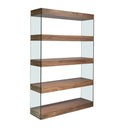 mueble de estantería con cinco niveles en nogal sostenidos por paneles de vidrio templado