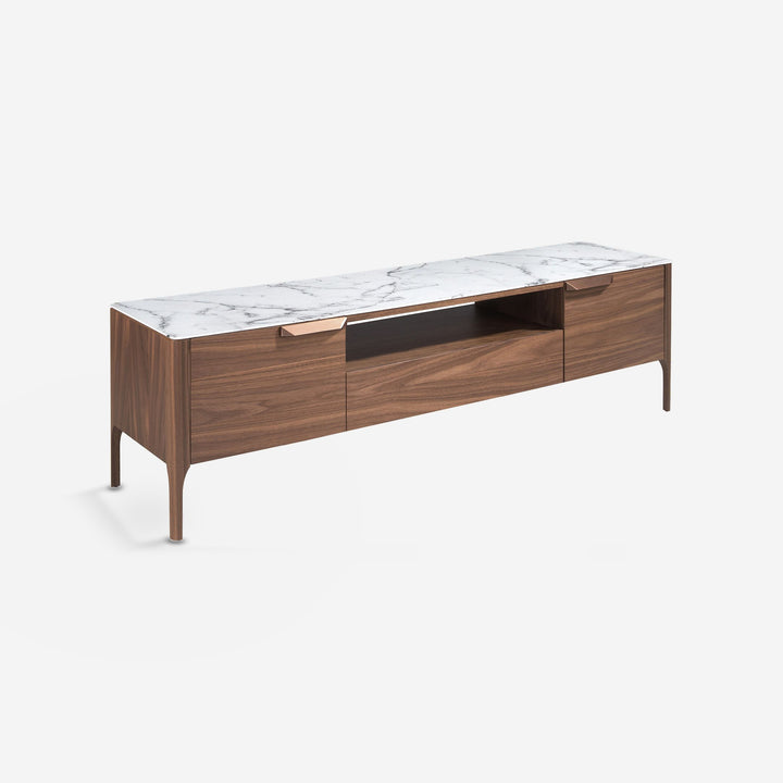 Mueble TV nogal con tapa de cristal imitación mármol sobre fondo gris de estudio
