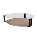 Triangular coffee table with tempered glass, black steel and walnut