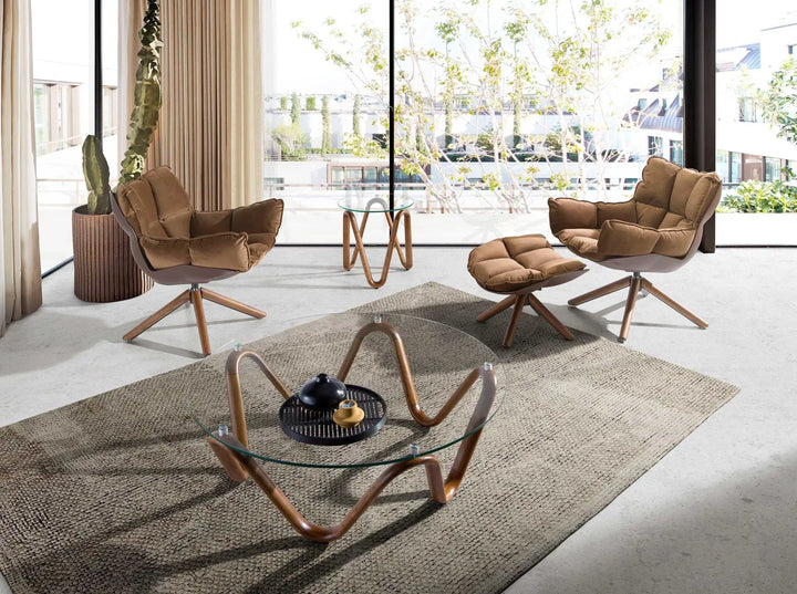 puff tipo ottoman marrón en terciopelo suave, base de madera sólida en forma de cruz