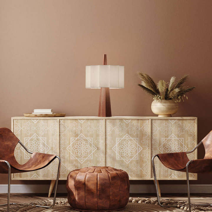 Lámpara Rain de Mesa - Estructura de madera de castaño, pantalla blanca y cable textil azul