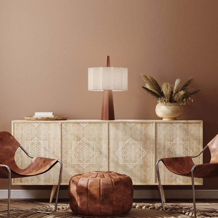 Rain Table Lamp - Chestnut wood frame, white shade and blue textile cable