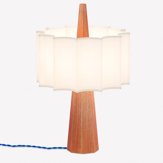 Rain Table Lamp - Chestnut wood frame, white shade and blue textile cable