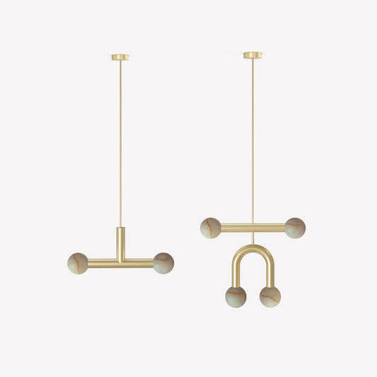 Lámpara Rigoberta Colgante Duo Super Curvo - Dorado, cable dorado textil y bola alabastro