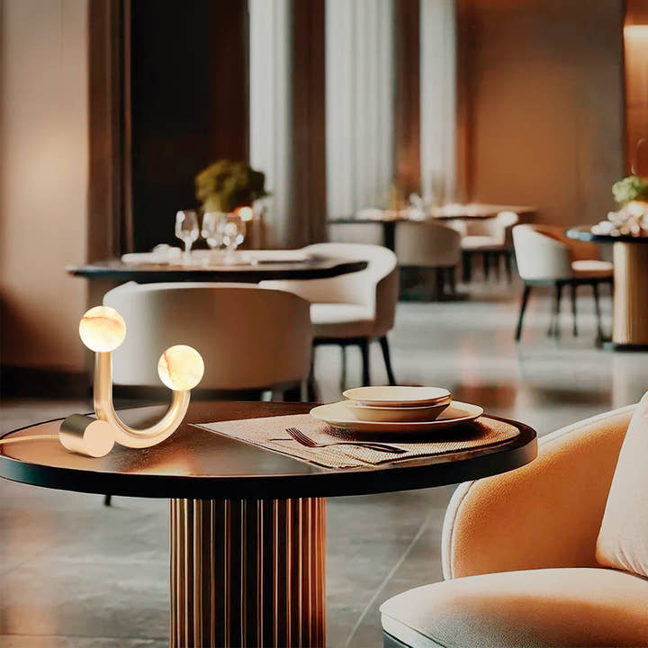 Rigoberta Table Lamp - Gold, gold textile cable and alabaster ball