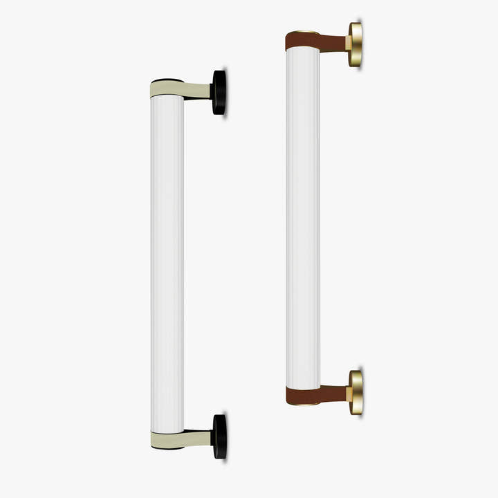 Roseline Wall Lamp 56 - Black base, beige strap and transparent glass shade.