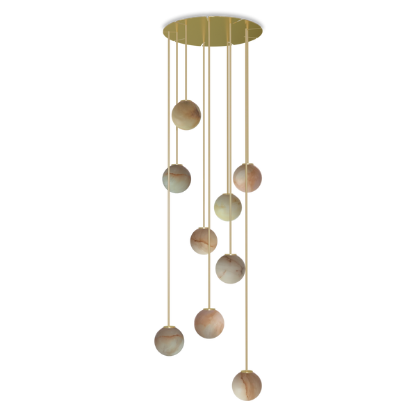 Lámpara Royal Colgante Chandelier Circular Drops - Estructura dorada, bola de alabastro y cable text en ambiente decorado (2)