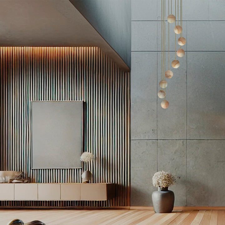 Royal Pendant Chandelier Circular Spiral Lamp - Gold structure, alabaster ball and gold textile cable