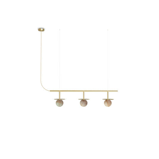 Royal Pendant Chandelier Linear 3 Lamp - Gold structure, matte polished brass disc, alabaster ball and gold textile cable
