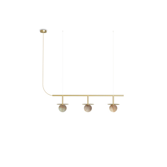 Royal Pendant Chandelier Linear 3 Lamp - Gold structure, matte polished brass disc, alabaster ball and gold textile cable