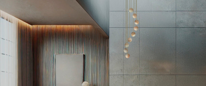 Royal Pendant Chandelier Circular Spiral Lamp - Gold structure, alabaster ball and gold textile cable