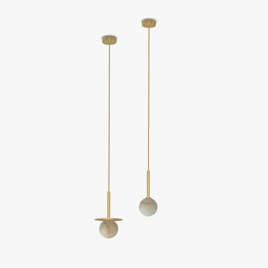 Royal Disc Pendant Lamp - Base and disc in matte polished brass, alabaster ball and gold textile cable