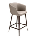 silla alta tapizada gris oscuro con respaldo curvo y base metálica negra cruzada para refuerzo