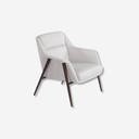 sillón de acento con tapiz beige claro, estructura oscura y diseño contemporáneo minimalista
