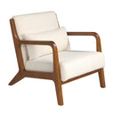 sillón de acento tapizado en tela blanca tipo bouclé con estructura robusta de madera clara