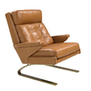 sillón confortable con asiento y respaldo acolchados en piel marrón y base metálica dorada curva