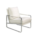 sillón de diseño moderno en polipiel blanca y patas cromadas, estilo minimalista para espacios luminosos