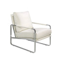sillón de diseño moderno en polipiel blanca y patas cromadas, estilo minimalista para espacios luminosos