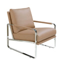sillonl con asiento de polipiel marrón claro y marco tubular de acero cromado brillante
