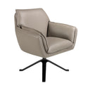 sillón giratorio bajo en piel gris oscura con diseño curvo y base metálica negra con aspas