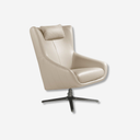 sillón giratorio alto en piel gris taupe con cabecera y base metálica negra 
