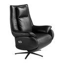 sillón de lujo en piel negra con respaldo reclinable, función giratoria y base metálica resistente