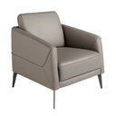 sillón moderno con tapizado en piel color gris topo y patas metálicas negras, estilo atemporal

