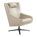 sillón moderno giratorio con cabecera removible, tapizado en piel gris claro y base metálica negra

