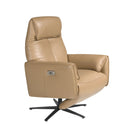 sillón relax en piel arena con base giratoria de metal y controles eléctricos integrados en el brazo