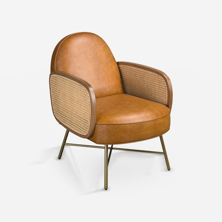 Sillón piel marrón sobre fondo gris de estudio