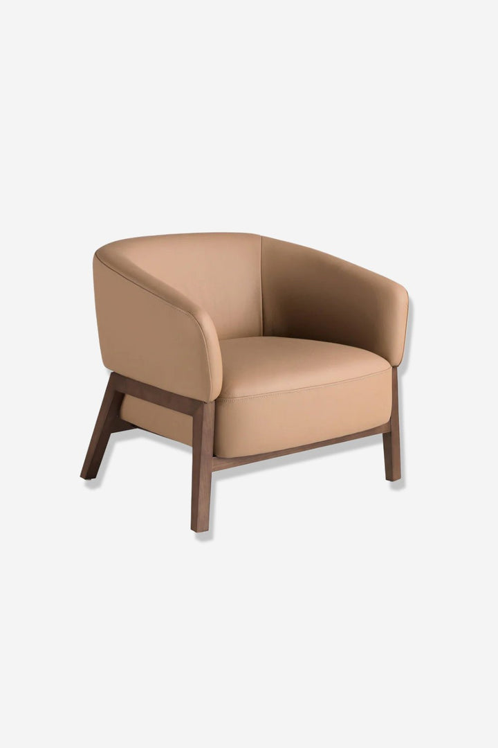 Sillón piel marrón sobre fondo gris de estudio