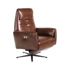 sillón relax giratorio en piel vacuno marrón chocolate, respaldo alto y acabados elegantes

