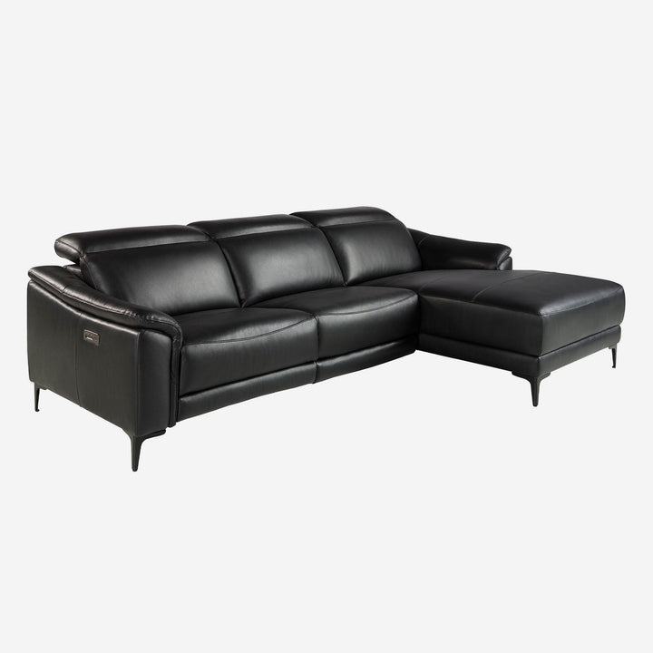 Sofá chaise longue relax derecha piel negro, foto de producto sobre fondo gris de estudio