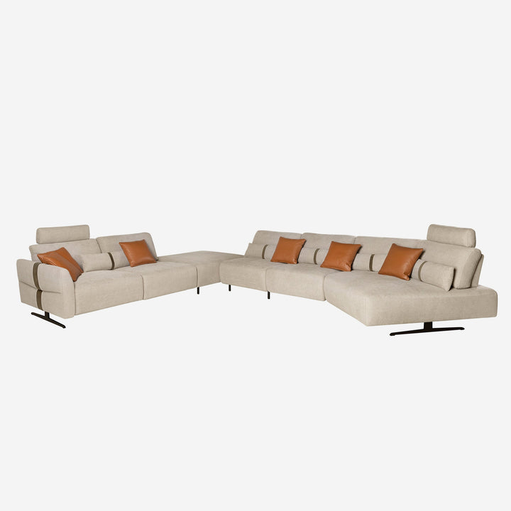 Sofá chaise longue relax modular derecho tela arena, foto de producto (2) sobre fondo gris de estudio